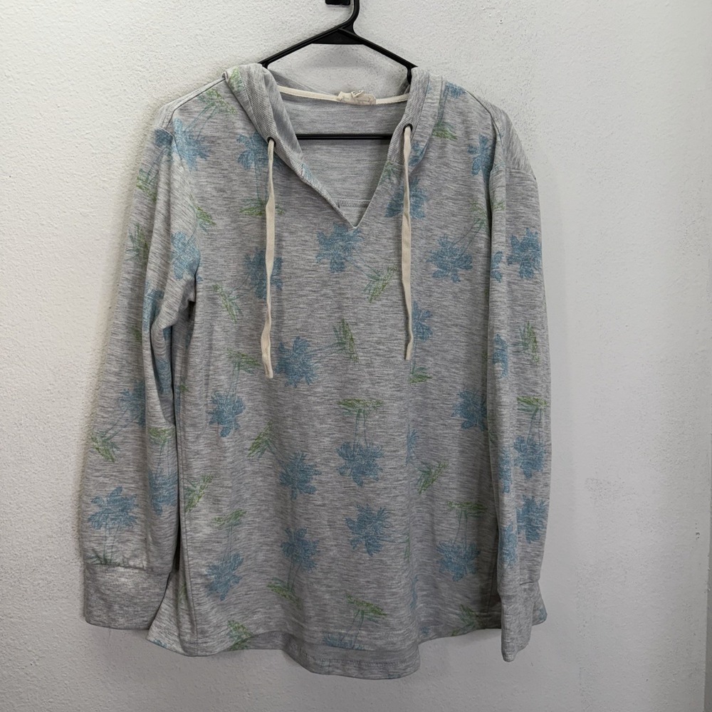 Jane + Delancey Palm Tree Print Hoodie Sweatshirt Top Tunic SZ L Lounge Beachy